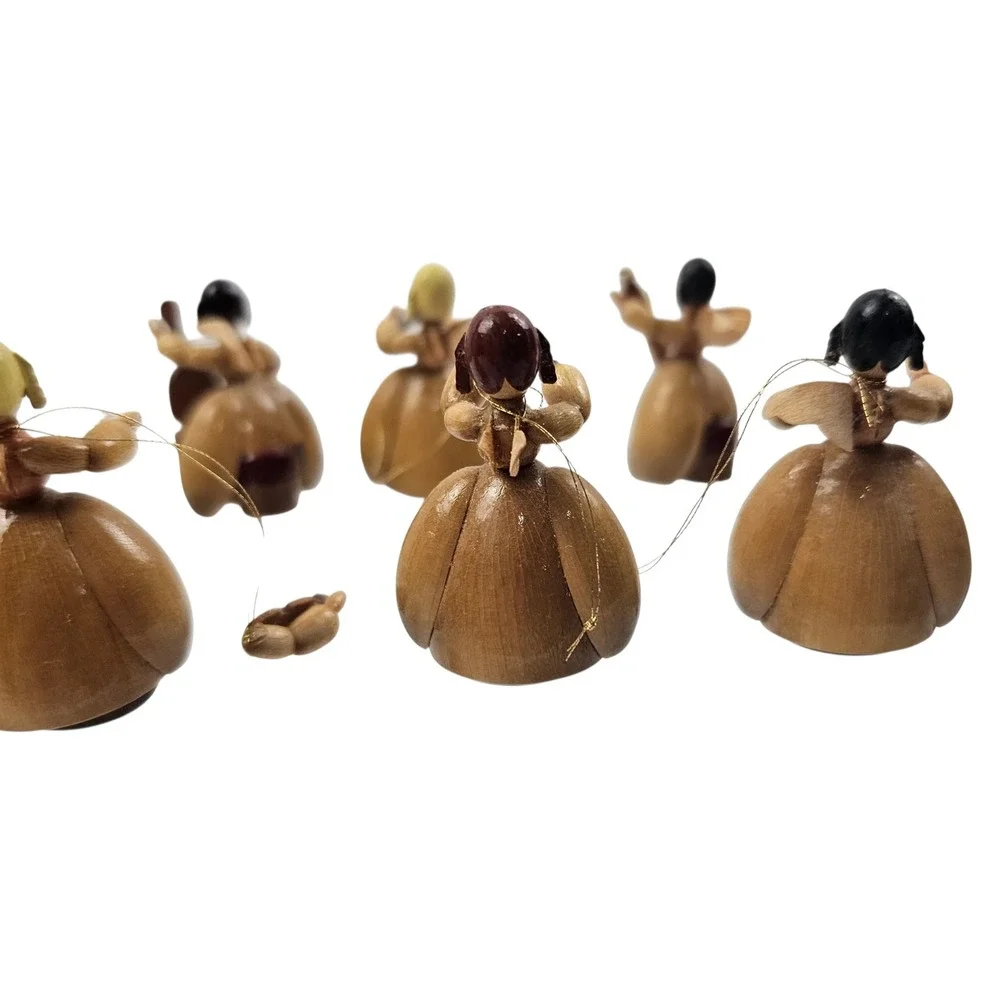 Vintage Hand Carved Wooden Musical Angel Orchestra Figurine Set of 6 Folk Art